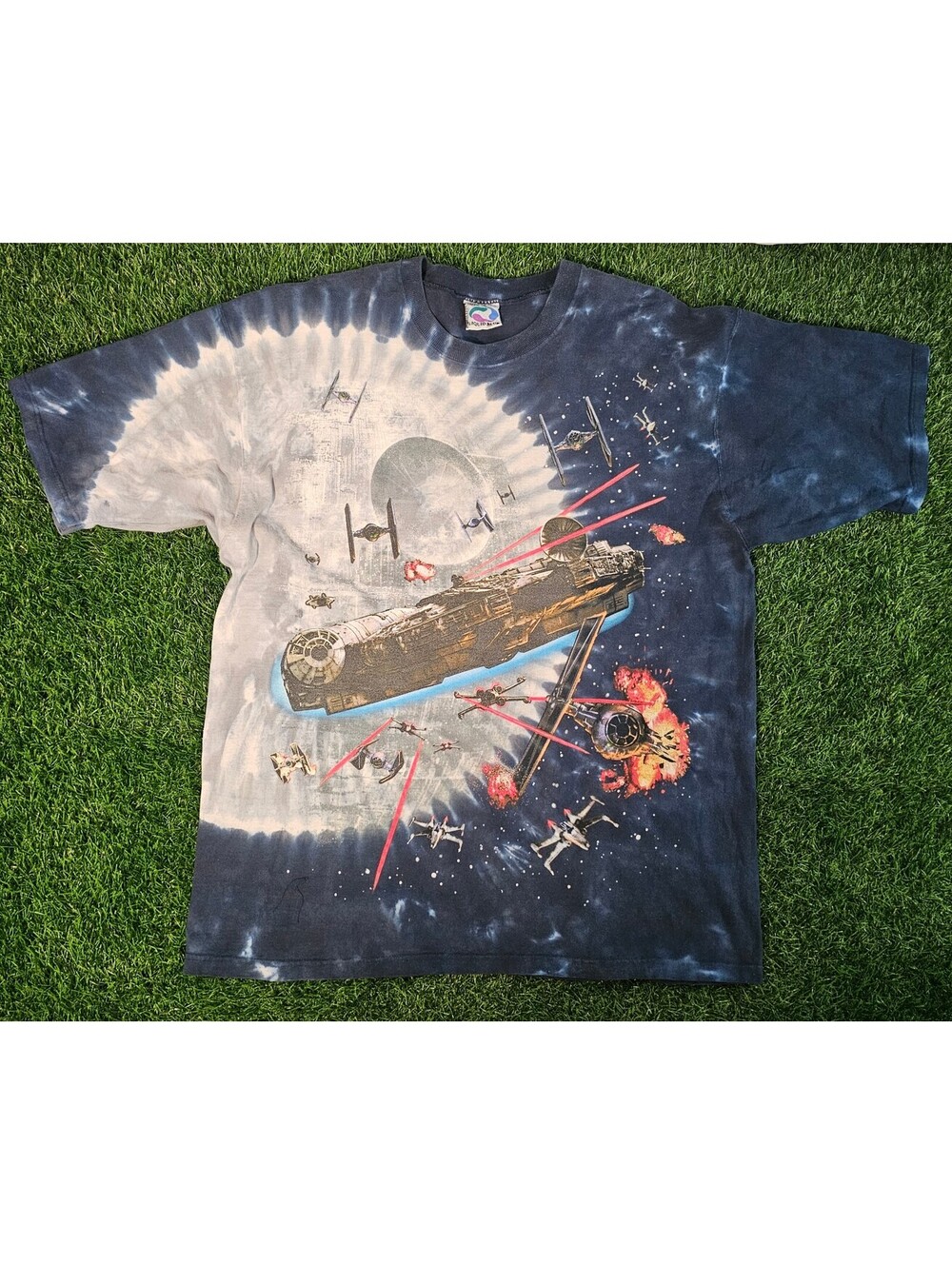VTG Rare 1997 Star Wars Liquid Blue Tee Mens XL AOP Millennium Falcon Death Star